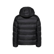 Calvin Klein Jeans puffer jacket for men in black with hood and horizontal stitching, front view