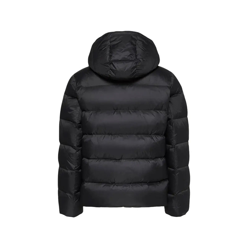 Calvin Klein Jeans puffer jacket for men in black with hood and horizontal stitching, front view