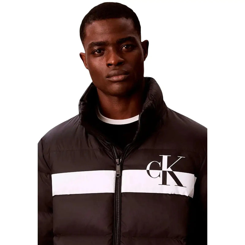 Calvin Klein Jeans puffer jacket for men in black with white stripe and ck logo, front view