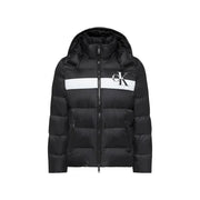 Calvin Klein Jeans puffer jacket for men in black with white chest stripe and ck logo, front view