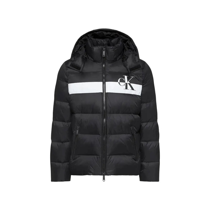 Calvin Klein Jeans puffer jacket for men in black with white chest stripe and ck logo, front view