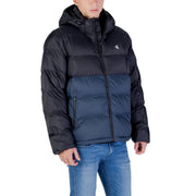 Calvin Klein Jeans puffer jacket for men in black and navy blue with quilted design and hood, front view