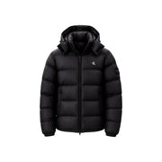 Calvin Klein Jeans puffer jacket for men in black quilted fabric with hood and subtle logo on chest and sleeve, front view
