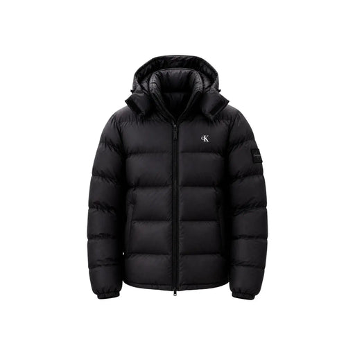 Calvin Klein Jeans puffer jacket for men in black quilted fabric with hood and subtle logo on chest and sleeve, front view