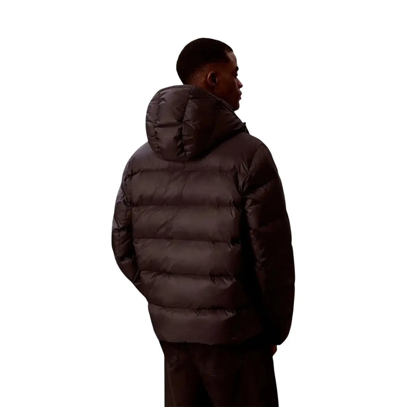 Calvin Klein Jeans puffer jacket for men in dark brown with quilted design and hood, front view