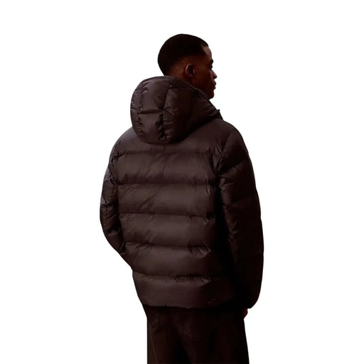 Calvin Klein Jeans puffer jacket for men in dark brown with quilted design and hood, front view