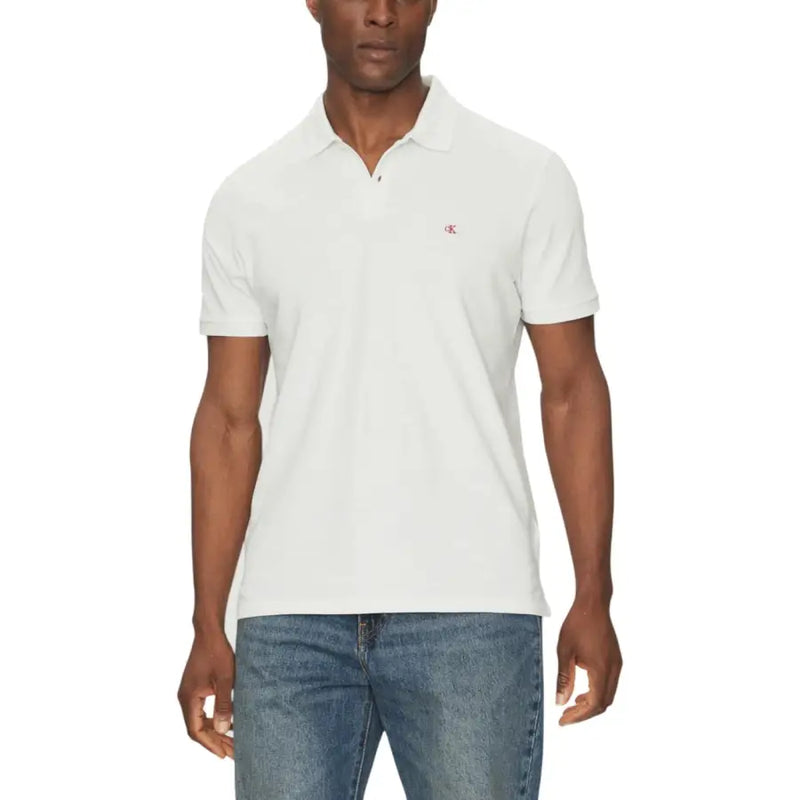 Calvin Klein Jeans white cotton polo shirt for men with subtle textured weave and small red embroidered logo