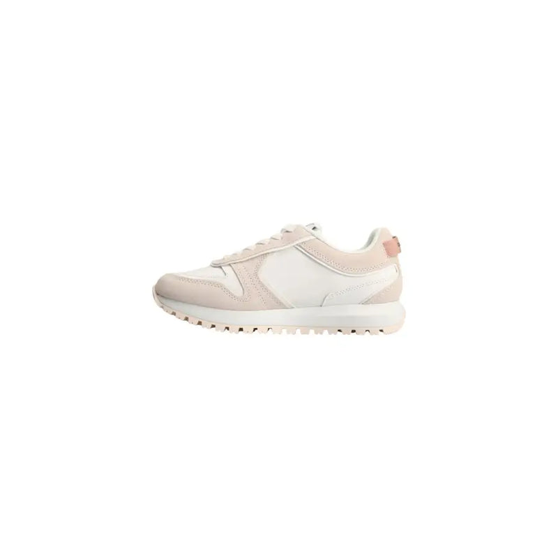 Calvin Klein Jeans white leather women sneakers with beige and white suede and pink heel tab accent spring summer model