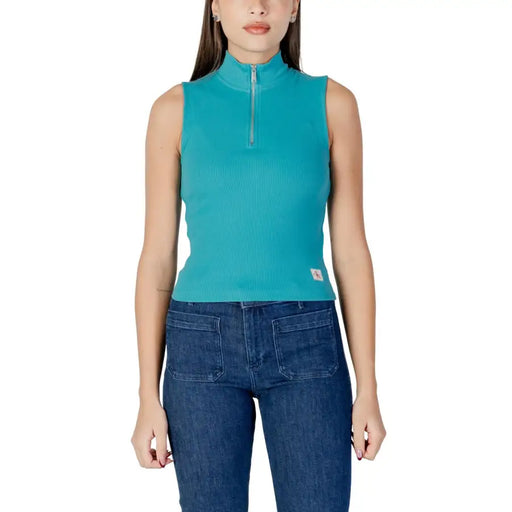 Calvin Klein Jeans Türkisfarbener, gerippter, ärmelloser Rollkragenpullover mit halbem Reißverschluss top