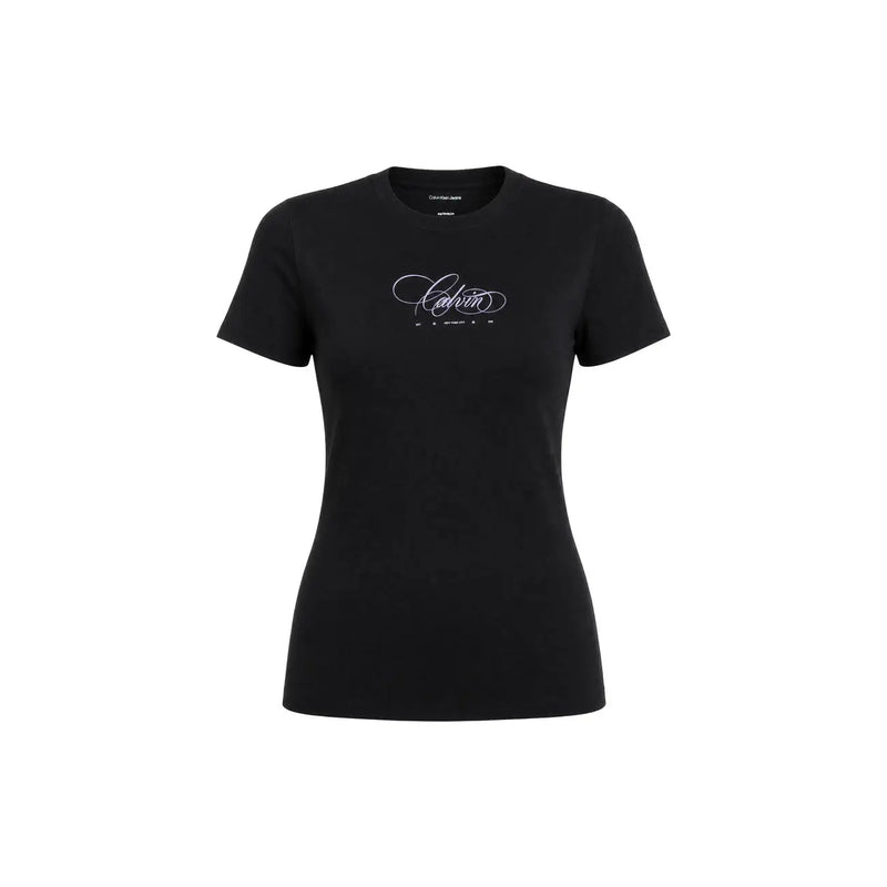 Calvin Klein Jeans women black classic cotton t shirt featuring a white cursive logo on the chest