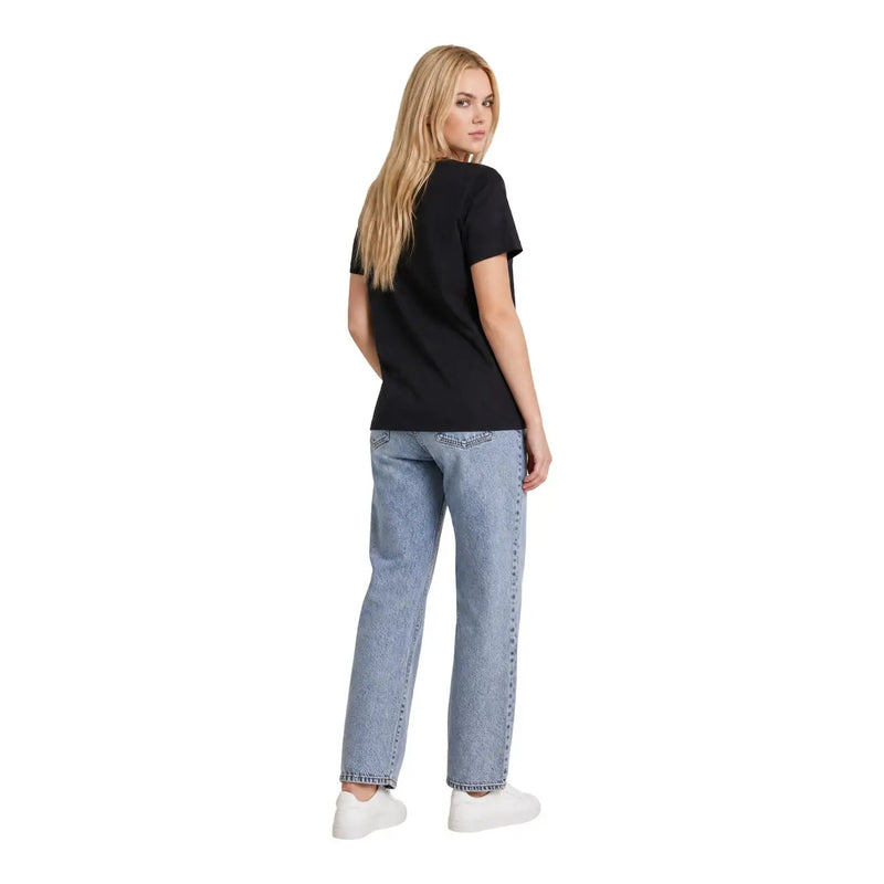 Calvin Klein Jeans women black classic cotton t shirt back view with subtle graphic worn by a model