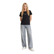 Calvin klein jeans women black classic cotton t shirt with short sleeves and subtle silver cursive logo on the chest