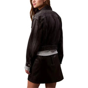 Calvin Klein Jeans women black distressed cotton denim jacket with cropped fit and ribbed cuffs front view