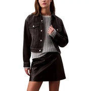 Calvin klein jeans women black cotton button jacket featuring dark-wash denim with silver buttons and classic collar