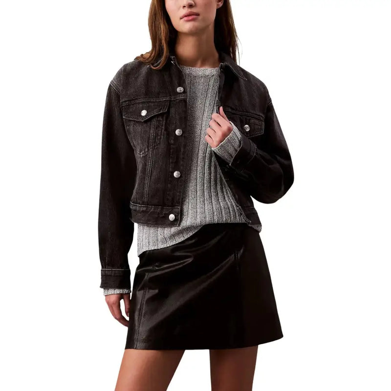 Calvin klein jeans women black cotton button jacket featuring dark-wash denim with silver buttons and classic collar