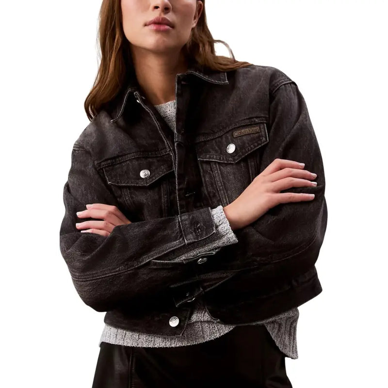 Calvin Klein Jeans women black cotton button jacket with dark-wash denim, silver-toned buttons, and classic collar