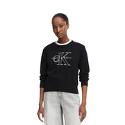 Calvin Klein Jeans women black cotton knitwear jumper with white embroidered logo and pearl-like neckline trim