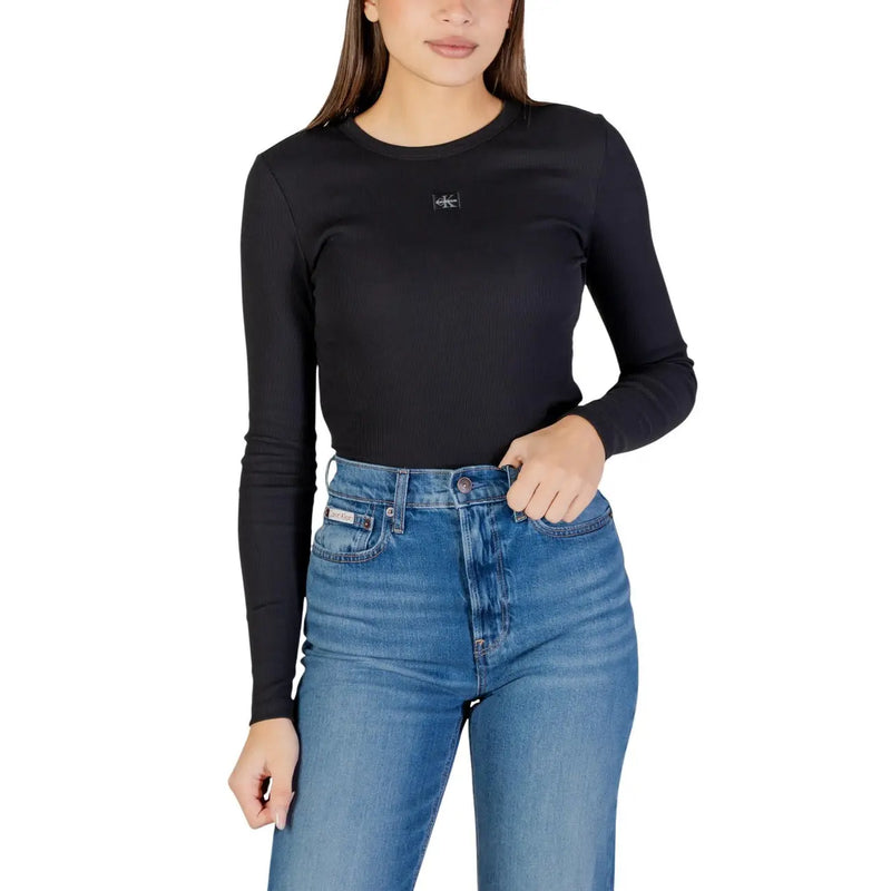 Calvin Klein Jeans women’s black cotton long-sleeved t-shirt with round neck and subtle chest logo visible from front