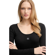 Calvin Klein Jeans women black ribbed cotton long sleeve t shirt with round neckline and logo patch on the chest