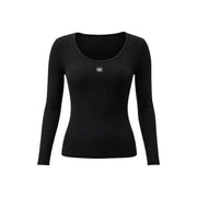 Calvin Klein Jeans women black ribbed cotton long sleeve t shirt with square neckline and white logo patch on chest
