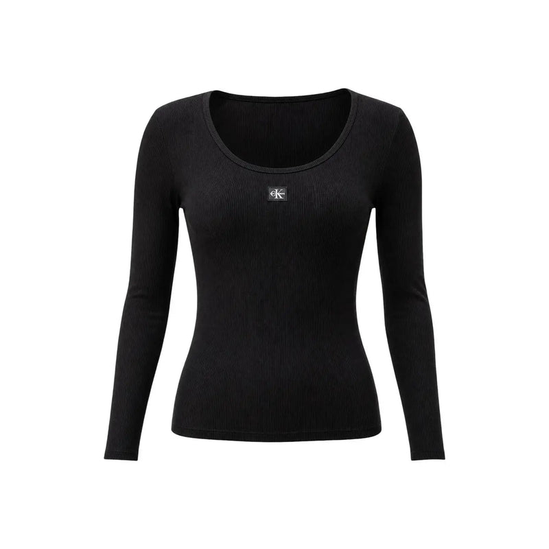 Calvin Klein Jeans women black ribbed cotton long sleeve t shirt with square neckline and white logo patch on chest