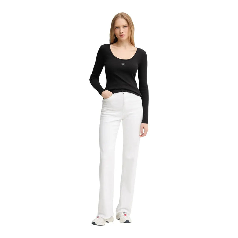 Calvin Klein Jeans women black cotton long sleeve t shirt with scoop neckline and subtle embroidered logo on chest