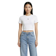 White cropped cotton t-shirt with small black ck logo on chest by calvin klein jeans women