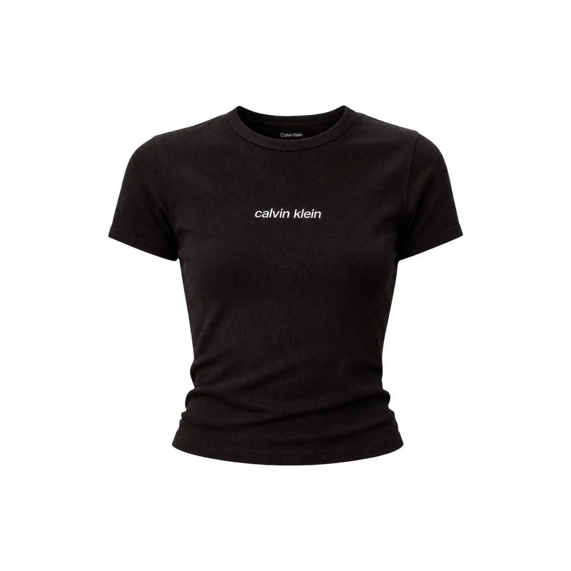 Black Calvin Klein Jeans women cropped t-shirt with ribbed texture cotton round neck and white logo