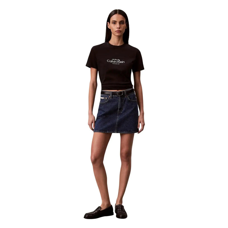 Calvin Klein Jeans women black cotton cropped t shirt with white logo print and round neck design