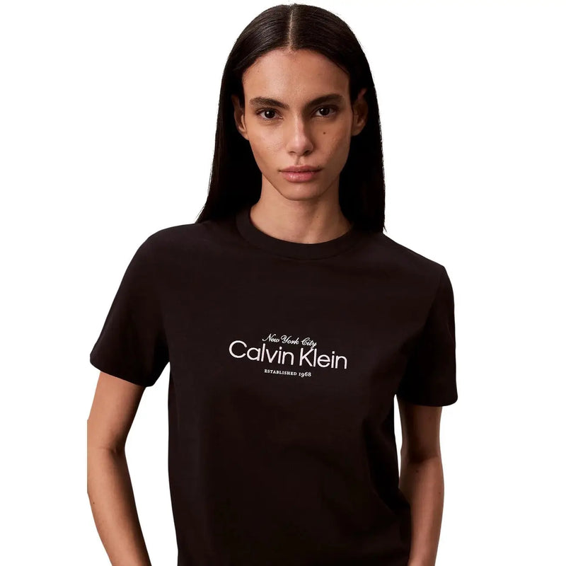 Black cotton calvin klein jeans women round neck t shirt with white new york city and logo print on chest
