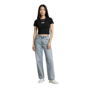 Light-wash denim jeans with straight-leg cut and classic five-pocket design paired with Calvin Klein black cotton round neck t shirt