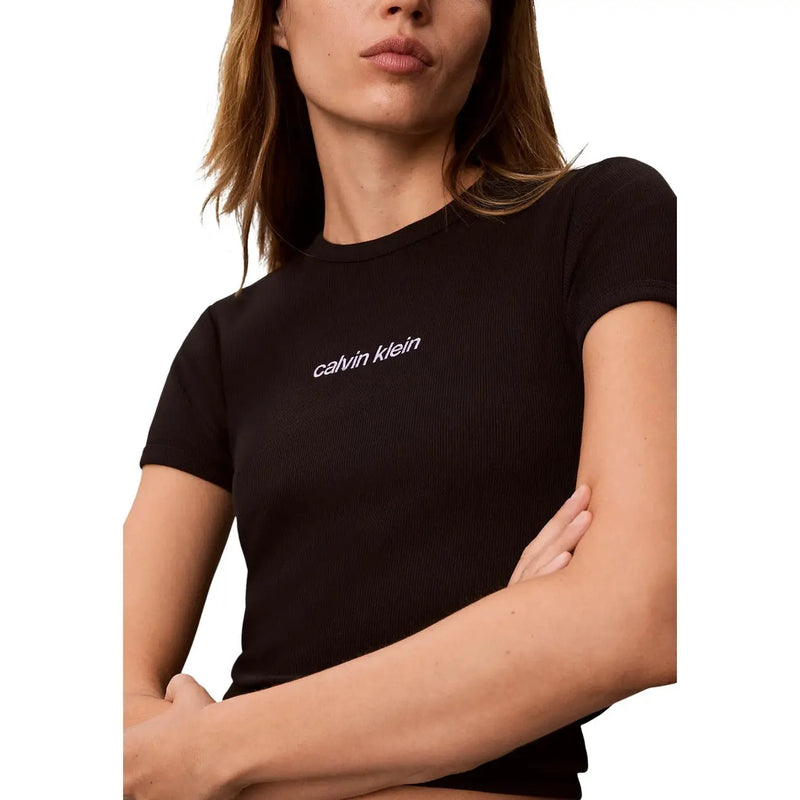 Black ribbed cotton Calvin Klein Jeans women short sleeve t shirt with white embroidered logo and round neck