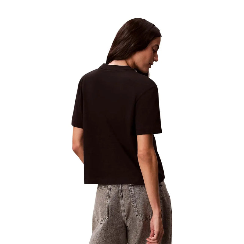 Calvin Klein Jeans women black cotton short-sleeved cropped round neck t shirt front view