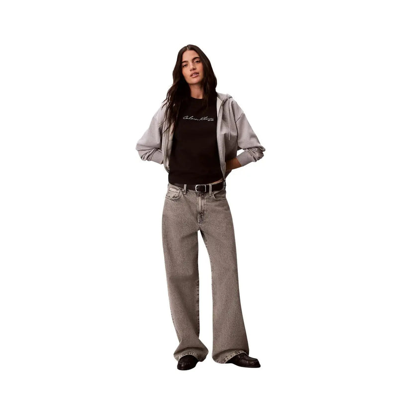 Wide-leg gray denim jeans with faded wash and subtle texture paired with calvin klein jeans women black cotton round neck t shirt