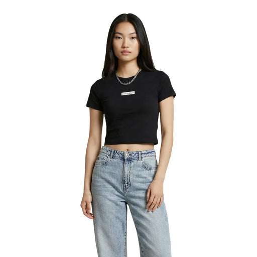 Calvin Klein Jeans women black cotton cropped round neck t shirt with white rectangular logo patch on chest