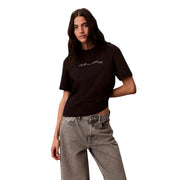 Calvin Klein Jeans women black cotton cropped t-shirt with white signature logo embroidered on the chest