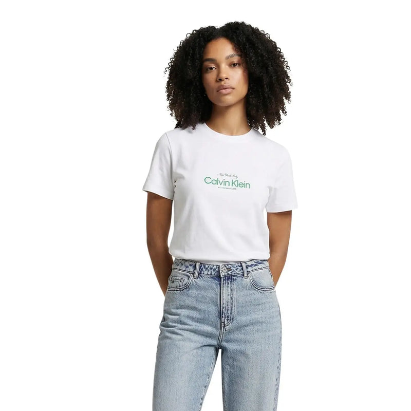Calvin Klein women black cotton round neck t shirt with white fabric and green new york city logo printed on chest