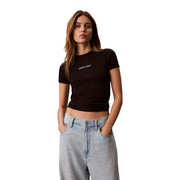 Black Calvin Klein Jeans women cropped cotton t-shirt with white logo on chest and round neck design