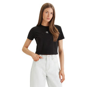 Black cropped cotton round neck t shirt for women with white Calvin Klein Jeans logo on the chest