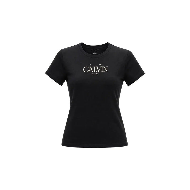 Calvin Klein Jeans women black cotton short classic t shirt with white calvin lettering on the chest
