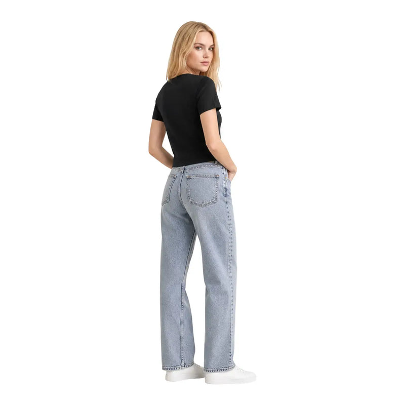 Calvin klein jeans women black cotton short classic t shirt shown with light-wash denim jeans back side view