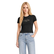 Black Calvin Klein Jeans women cotton short classic t shirt with white calvin lettering across the chest