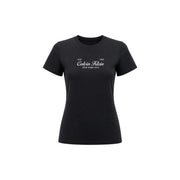 Black Calvin Klein Jeans women cotton short t shirt with white est print featuring a classic design