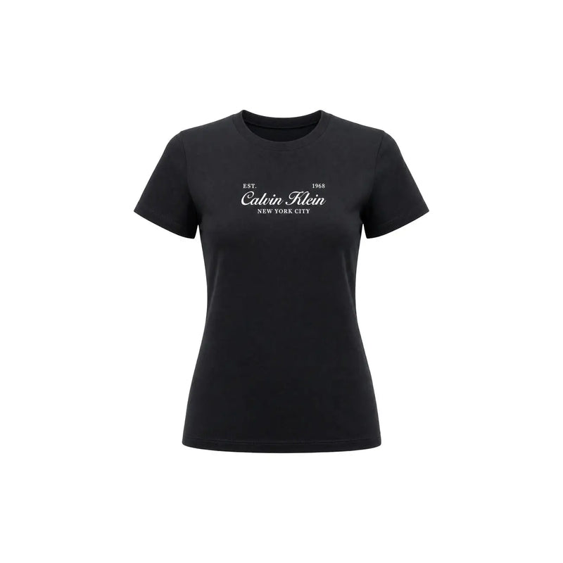 Black Calvin Klein Jeans women cotton short t shirt with white est print featuring a classic design