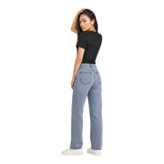 Back side of light-wash denim jeans with relaxed straight-leg cut and classic back pockets for casual wear