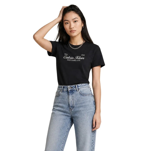 Calvin Klein Jeans women black cotton short t shirt featuring white est print in classic design