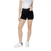 Black high-waisted cotton denim shorts with frayed hem and subtle brand logo on the back waistband by Calvin Klein Jeans