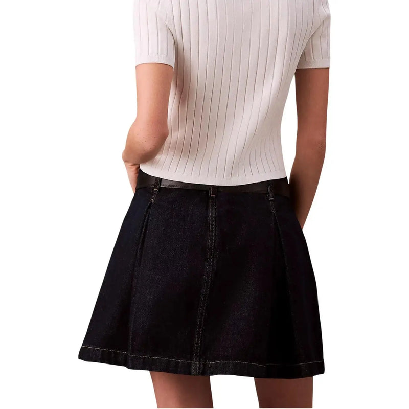 Calvin Klein Jeans women black pleated denim mini skirt with black belt made of cotton for casual wear