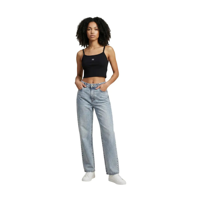 Light-wash denim jeans with straight-leg cut and classic stitching paired with calvin klein women black cotton top