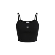 Calvin Klein Jeans women black cotton ribbed crop top with thin straps and small logo patch at center front